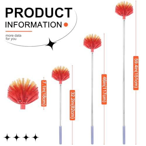 Cobweb Duster with Extension Pole, 59" Adjustable Stainless Steel Pole, Washable Duster with Medium-Stiff Bristles for Ceiling Fan, High Ceilings, Blinds, Furniture, Kitchen, and Home Cleaning