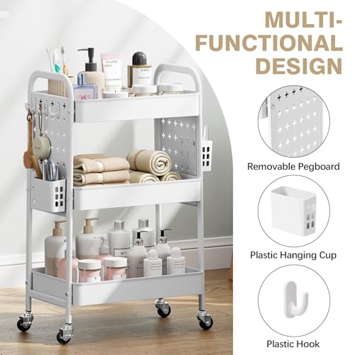KINGRACK 3 Tier Rolling Cart with DIY Pegboard, Metal Utility Cart with Wheels, Hooks & Baskets, Sturdy Storage Organizer for Craft, Bathroom, Kitchen, Office, Nursery, Classroom (White) - color: Pure White