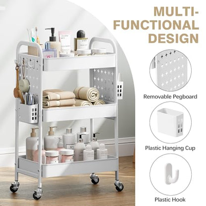 KINGRACK 3 Tier Rolling Cart with DIY Pegboard, Metal Utility Cart with Wheels, Hooks & Baskets, Sturdy Storage Organizer for Craft, Bathroom, Kitchen, Office, Nursery, Classroom (White) - color: Pure White