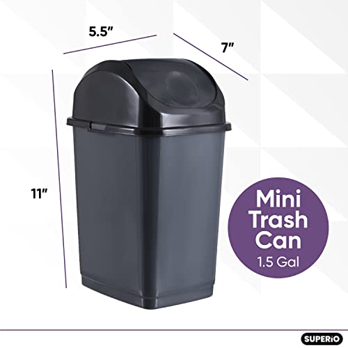 Superio Mini Desktop Trash Can with Swing Top Lid Portable Plastic Garbage Can for Countertop, Desktop, Make up Vanity, Bathroom, Car, Under Sink, Dorm Compact Waste Bin 5 L 1.25 Gal (2, Grey) - size: 1.25 Gallon, style: 2 Pack