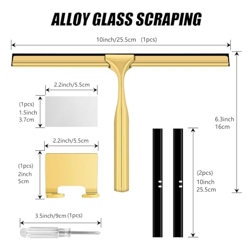 Shower Squeegee for Glass Doors,10 Inch Stainless Steel Squeegee for Shower Glass with Storage Hook, Shower Squeegee for Tile Shower Walls, Window Mirror Squeegee and Car Glass (Gold)