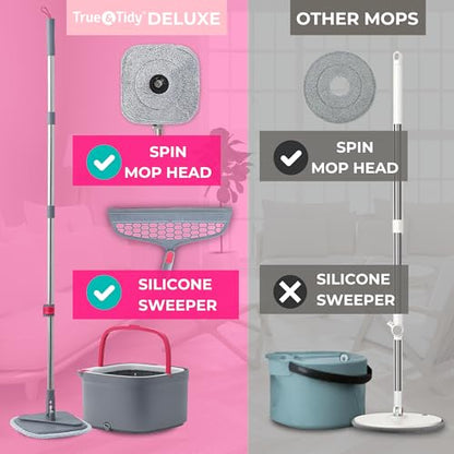 True & Tidy True Clean Spin Mop & Bucket System – Dual Compartment Design for Clean & Dirty Water, 360° Swivel Mop Head, Built-in Scrubbing Brush, Stainless Steel Handle & 2 Reusable Microfiber Pads - size: Spin Mop Deluxe