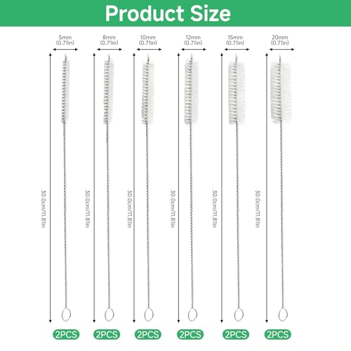 12-Pack Long Straw Cleaner Brush, Extra Long 12 Inch Cleaning Brushes with 6 8 10 12 15 20mm Wide Bristle Head, Flexible Straw Brush Set for Tumblers and Water Bottles