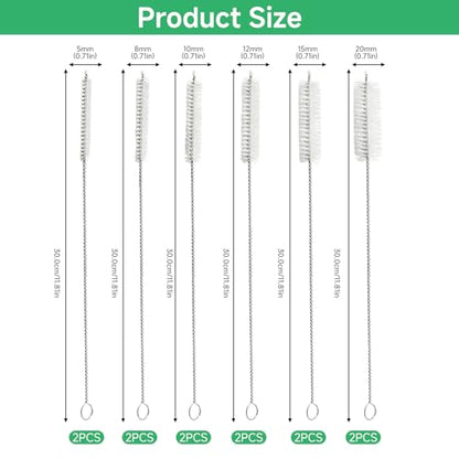 12-Pack Long Straw Cleaner Brush, Extra Long 12 Inch Cleaning Brushes with 6 8 10 12 15 20mm Wide Bristle Head, Flexible Straw Brush Set for Tumblers and Water Bottles