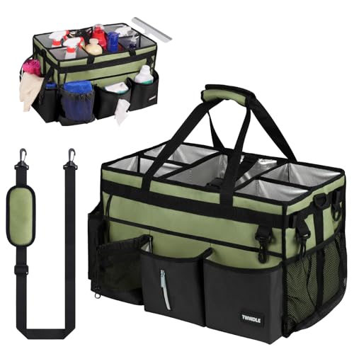 Extra Large Cleaning Caddy Bag with Built-In Support Board, Cleaning Tote Organizer with Removable Divider, Supply Carryall with Adjustable Shoulder Strap and Waist Belt for Cleaners & Housekeeper - color: Green, size: Extra-Large