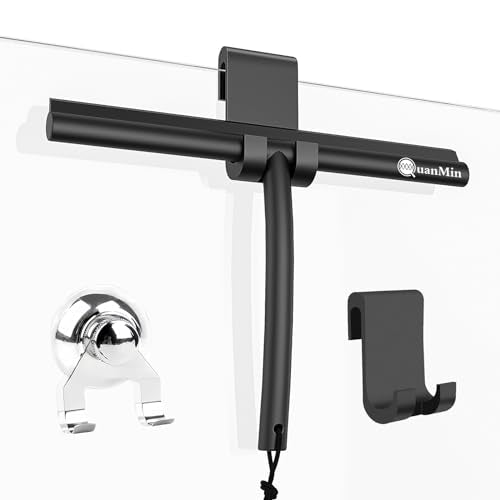 9 Inch Shower Squeegee with Hook & Suction Cup, Stainless Steel Core Silicone Rubber Wiper, Streak-Free Cleaner for Shower Doors, Windows, Mirrors, Tile & Car Glass (Black) - size: Round Head-9 inch
