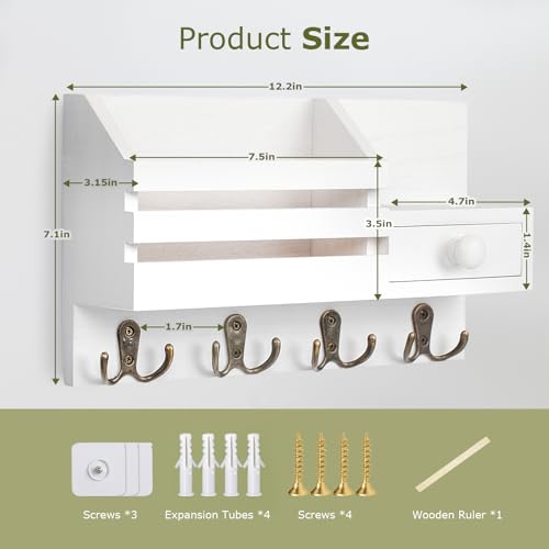 Key Holder Wall Mount, Wooden Adhesive Mail and Key Organizer with Drawer, Small Shelf, 8 Hooks, 2 Installation Methods, White - color: White