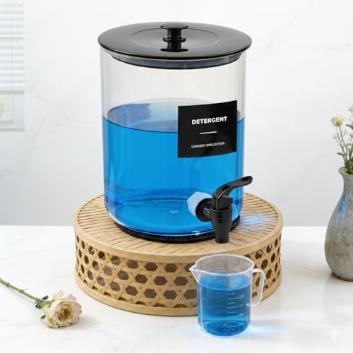 Glass Laundry Detergent Dispenser for Laundry Room Organization, 1 Gallon Large Liquid Soap Dispenser with Black Metal Lid & Leak-Proof Spigot, 2 Measured Cups, 2 Silicone Mats & 9 Labels (2, Black) - color: Black