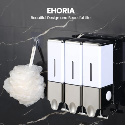 EHORIA 3-in-1 Quadrate Dispensers for The Shower,Shower soap Dispenser,Conditioner Dispenser, Shampoo Dispenser,No Drilled Wall Mounted Distributor,Hotel,Bathroom,Home - color: Triple, White
