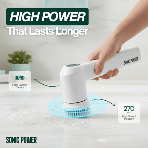 SonicPower Electric Spin Scrubber – Handheld & Ergonomic, IPX7 Waterproof, 4 Multi-Purpose Brush Heads, Long-Lasting Rechargeable Battery – Cleans Dishes, Bathroom, Tile, Grout & Kitchen (White) - color: White