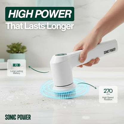 SonicPower Electric Spin Scrubber – Handheld & Ergonomic, IPX7 Waterproof, 4 Multi-Purpose Brush Heads, Long-Lasting Rechargeable Battery – Cleans Dishes, Bathroom, Tile, Grout & Kitchen (White) - color: White