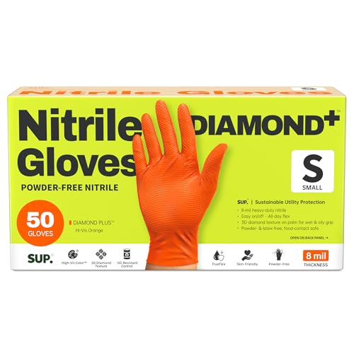 SUPER+ HEAVY DUTY Nitrile Gloves 8 Mil Diamond Texture Disposable Chemical Resistant Powder &Latex Free Food Safe Orange 50Ct - color: Smal (Orange)