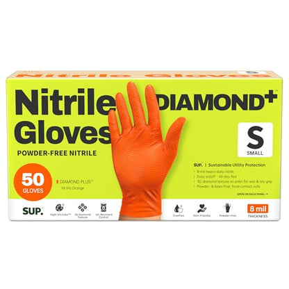 SUPER+ HEAVY DUTY Nitrile Gloves 8 Mil Diamond Texture Disposable Chemical Resistant Powder &Latex Free Food Safe Orange 50Ct - color: Smal (Orange)