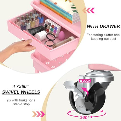 Goovilla 4 Tier Rolling Utility Cart Organizer with Removable Drawer, Stable and Sturdy Pink Rolling Storage Carts with 2 Lockable Wheels for Bathroom, Kitchen, Snack, Craft, Makeup, Baby Essentials - size: 4 Tier, style: Pink