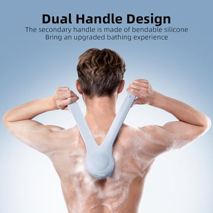 Electric Body Brush Back Scrubber for Shower, Waterproof Long Dual Handle Power Body Scrubber with 3 Heads, Bath Brush & 2 Speeds, for Cleansing, Exfoliating and Massaging Skin, Sky Blue