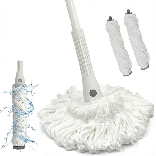 Self Wringing Mop for Floor Cleaning with 2 Reusable Heads, Easy Wringing Twist Mop with 55 Inches Long Handle and Top Scouring Pad, Wet and Dry Mops