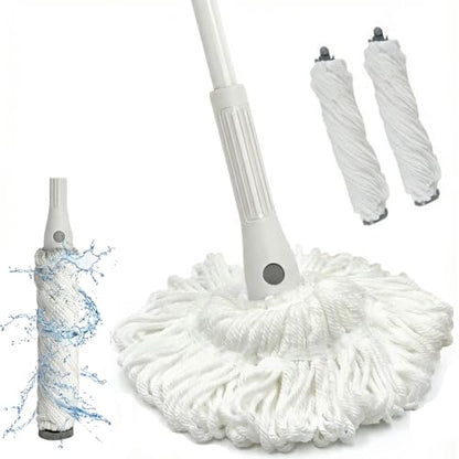 Self Wringing Mop for Floor Cleaning with 2 Reusable Heads, Easy Wringing Twist Mop with 55 Inches Long Handle and Top Scouring Pad, Wet and Dry Mops