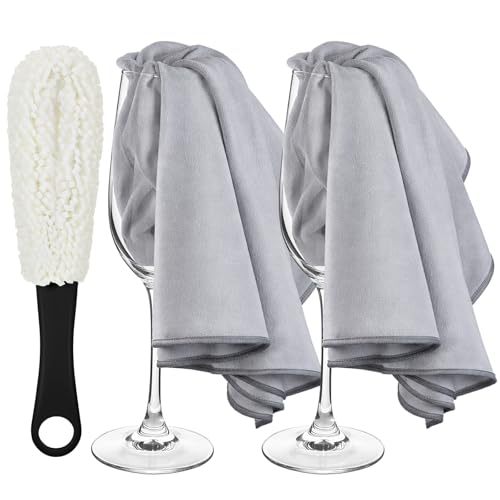 3 Pcs Wine Glass Cleaner Set Large Microfiber Polishing Cloths Wine Glass Cleaning Brush Lint-Free Drying Towels for Stemware Glassware Bar Restaurant Kitchen Supplies (Gray) - color: Gray