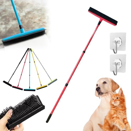 Three-Section Telescopic Pole Carpet Delinting Broom, Pet Hair Removal Broom, Multi-Surface Squeegee Rubber Broom, Extendable Rubber Broom Pet Hair Remover for Carpet Couch (Red) - color: Red