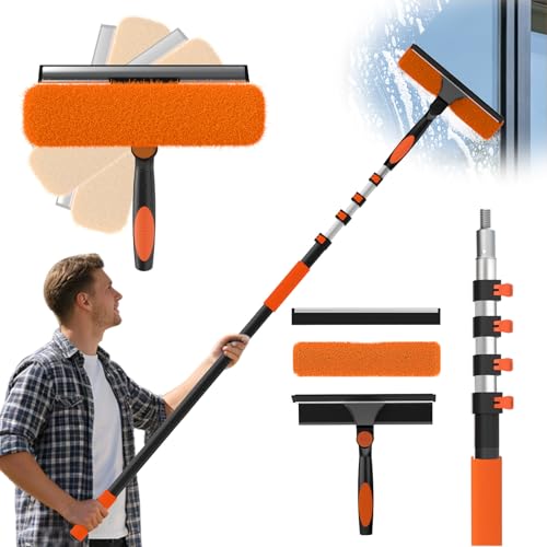 25FT Reach Window Squeegee Kit with Extension Pole, 2-in-1 Professional Washer for High Windows, 5-20FT Adjustable Reach, Rotatable Head for Indoor & Outdoor Use, Streak-Free Cleaning Tool for Home - color: Orange, size: 20FT