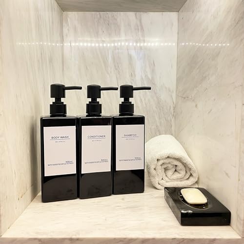 Shampoo Dispenser for Shower Wall, Shampoo and Conditioner Dispenser with 16 Waterproof Labels, No Drill Shower Soap Dispenser Bathroom, Shower Soap Dispenser Wall Mounted 3 Chamber, 17oz,Black - color: Black Bottle + Black Pump