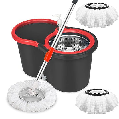 Spin Mop and Bucket with Wringer Set, 360° Spinning Mop Bucket System with 3 Microfiber Mop Replacement Heads and 61" Stainless Steel Adjustable Handle for Floor Cleaning - color: Black-1