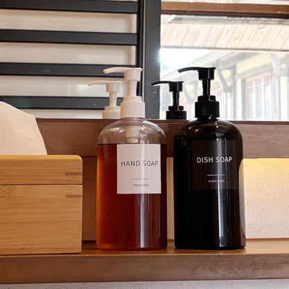 Soap Dispenser with Waterproof Labels, Thickened Plastic Hand Soap Dispenser for Bathroom, Kitchen Dish Washing Liquid Bottles, Shampoo and Conditioner Bottles (16.9 oz, Set of 2, Black) - color: Black