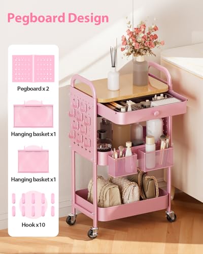 ALVOROG Rolling Cart with Drawer and Wood Table Top, 3 Tier Metal Rolling Utility Cart on Wheels with DIY Pegboards, Hanging Baskets,Hooks for Kitchen, Bedroom, Office, Craft Supplies - color: Cherry Blossom Pink