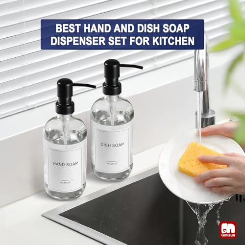 GMISUN Glass Soap Dispenser with Pump, 2 Pack Clear Bathroom Hand Soap Dispenser with Stainless Steel Pump, 17 Fl Oz Refillable Kitchen Hand and Dish Soap Dispensers Set, Modern Liquid Pump Bottles - color: Clear Bottle + Black Pump