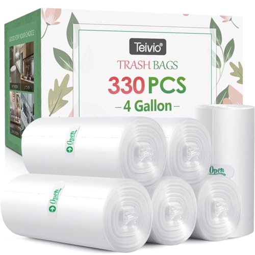 4 Gallon 330 Counts Strong Trash Bags Garbage Bags by Teivio, Bathroom Trash Can Bin Liners, Small Plastic Bags for home office kitchen (Clear) - size: 330 Count (Pack of 1)