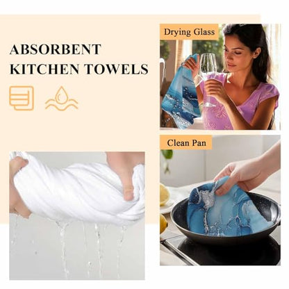 Marble Texture Kitchen Towels Set of 3 Blue Sliver Shinny Modern Abstract Decorative Dish Towels Ultra Soft Microfiber Absorbent Reusable Dishcloths for Kitchen Drying, 18x28 Inch - size: 28" x 18" (Pack of 3)