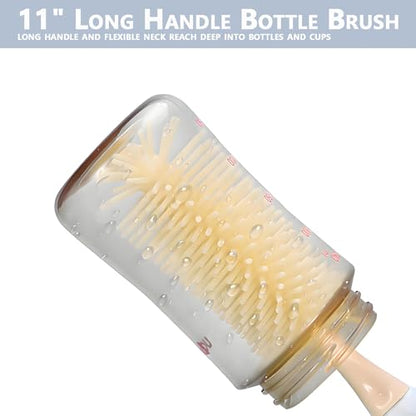 Baby Bottle Brush Set 3-in-1, Silicone Bottle Brush with Wall Mount Holder, 11" Long Handle Bottle Brush + Nipple Brush + Straw Brush Cleaner for Baby Bottles, Cups, Straws – BPA Free (Blue) - color: Blue