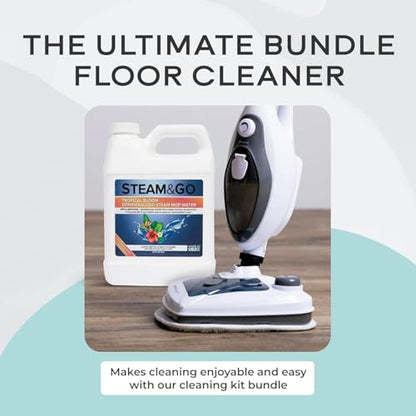 Steam & Go - The Housekeeper Steam Cleaner For Floors & Demineralized Water Bundle, 10-in-1 Hard Floor Cleaner Machine & Grout Steam Cleaner with Floor Cleaning Solution, 32 oz, Tropical Bloom Scent