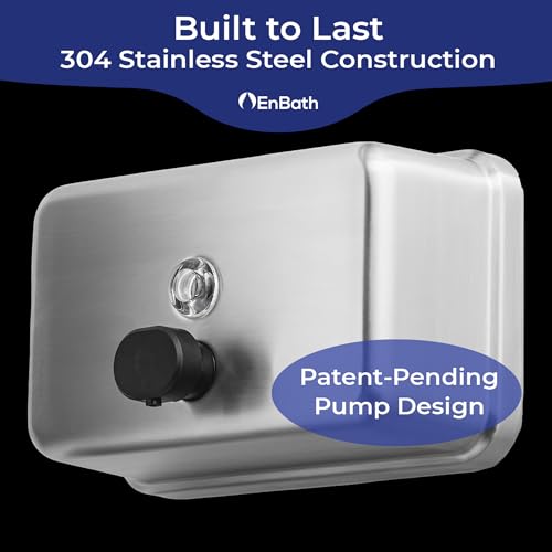 Commercial Soap Dispenser Wall Mount (37oz) Horizontal, Heavy Duty, Stainless Steel Manual Soap Dispenser for Bathrooms with Corrosion Proof Lining and Anti-Leak, Patent-Pending Pump Design