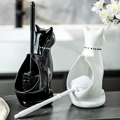 Cat Toilet Brush Holder - Ceramic Whimsical Feline Design with Wide-Mouth Storage, Black Toilet Bowl Brush and Holder Set Cute for Bathroom Ground, Easy-Clean Cat Lover Gift (Black)