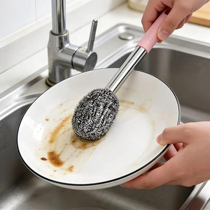 2PCS Steel Wool Scrubber with Handle Rustproof, Cast Iron Scrubber, Stubborn Messes Pot Brush, Remove Dirt for Cleaning Stoves,Sinks Dishes Grills Bowls & Metal Wire Sponge for Kitchens - color: Pink
