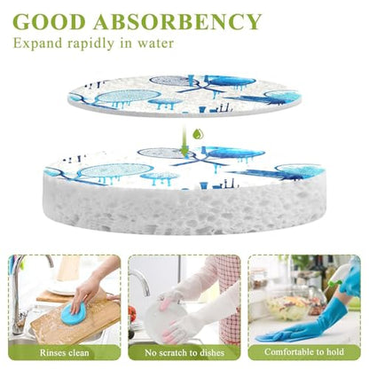 Blue Tennis Rackets Balls Pattern Dish Scrub Sponges Kitchen Non Scratch Reusable Compressed Cellulose Sponge Hanging for Household Cleaning Washing Dishes Pots and Pans 3 Pack - color: Pattern1