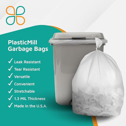 PlasticMill Heavy Duty Trash Bags - Clear Garbage Bags - Plastic Trash Liners - Tall Waste Bags, Trash Can Liners - 33-Gallon Large Kitchen Rubbish Sacs, 1.3 Mil, 33"x39" (100-Count)