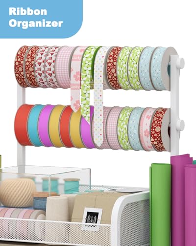 Rsaayekkt Rolling Wrapping Paper Storage Cart with Fabric Drawer White | Vertical gift wrapping organizer storage, fits 12x12 scrapbook paper, heavy duty craft cart with wheels, space saving station - color: White-bilateral
