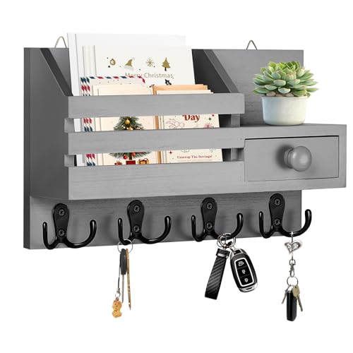 Key Holder Wall Mount, Wooden Adhesive Mail and Key Organizer with Drawer, Small Shelf, 8 Hooks, 2 Installation Methods, Gray - color: Gray