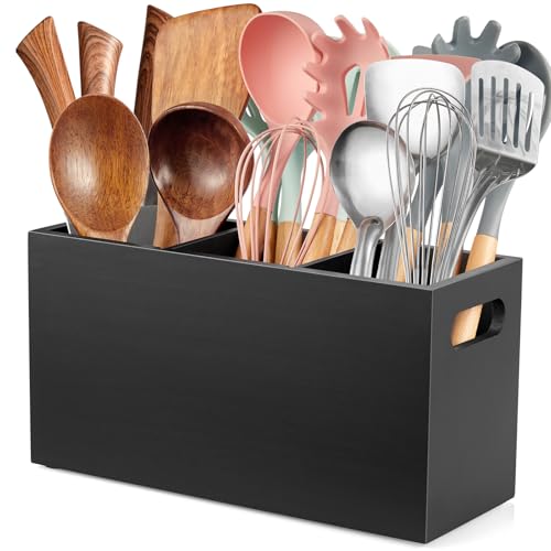 ALELION Black Kitchen Utensil Holder for Countertop - Wooden Large Utensil Caddy Organizer for Counter - 3 Compartment Cooking Utensil Crock for Silverware Spoon Spatula - color: Black, size: 3 Compatment