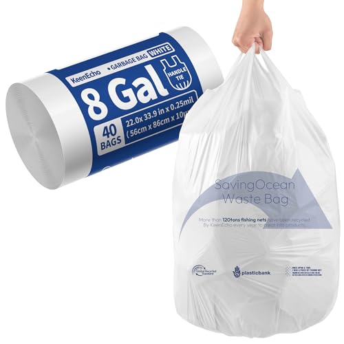 Small Trash Bags with Handles - Ocean Plastic Upcycling - Plastic Garbage Bags, Can Bin & Waste Basket Liner for Kitchen, Bathroom, Office and Pets,8 Gallon 40 Count White - color: 8Gal White, size: 1 ROLL