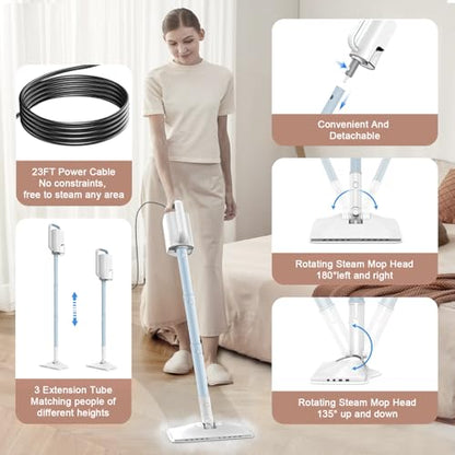 Steam Cleaner, 6 in1 Rotated Steam Mop Cleaner with 2 Modes, 2 Microfiber Pads, 400ML Removable Tank, 23FT Power Cable, Detachable Steam Mops for Floor, Laminate Floor, Tiles Cleaning (Ice Blue) - color: Ice Blue