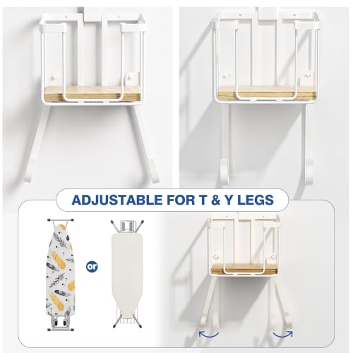 ORLESS Ironing Board Hanger Over Door & Wall Mount, White | 2 in 1 Heavy Duty Iron Board Holder with Storage Basket, Fits T/Y Boards, Laundry Room Space Saver - color: White Iron Natural Wood