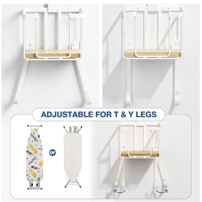 ORLESS Ironing Board Hanger Over Door & Wall Mount, White | 2 in 1 Heavy Duty Iron Board Holder with Storage Basket, Fits T/Y Boards, Laundry Room Space Saver - color: White Iron Natural Wood