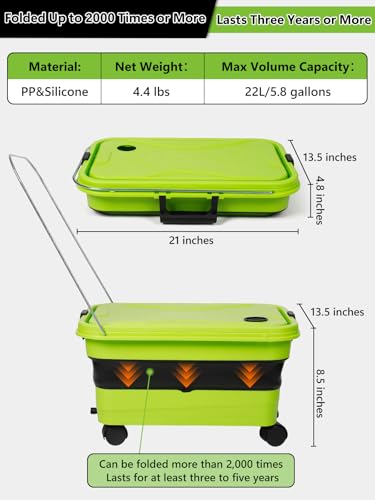 Collapsible Bucket 5.8 Gallon 22L with Wheels Handle Drain Plug Water Outlet and 2 Universal Connectors for Portable Pressure Washer Cordless Car Washing Camping RV Pet Bath Multi-Use