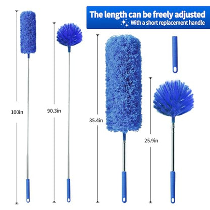 Cobweb Duster with Extension Pole, Washable Cleaning Duster Set with 2 Duster Heads, Spider Web Brush with Pole,high Ceiling Duster with Extension Pole,Cleaning Supplies,Ceiling Fan Cleaner