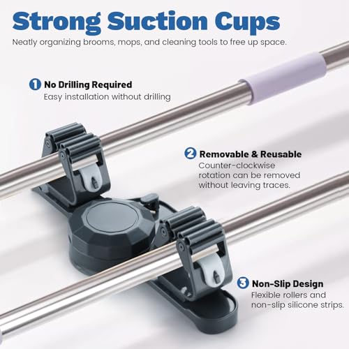 2 Pack Broom Holder Mop Hanger Wall Mount - Strong Suction Cup Mop and Broom Organizer with Hooks, Space Saving Removable Rack for Laundry Room Garden Garage (Grey) - color: Grey