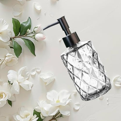 12Oz Small Glass Soap Dispenser with Black Plastic Pump, Clear Refillable Kitchen Countertop Liquid Hand Soap Dispensers with Diamond Design, Crystal Bathroom Lotion Bottle for Dispense Dish Soap - color: Clear Diamond
