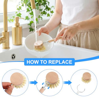 9pcs Bamboo Dish Brush Set Wooden Dish Brush with 14’’ Bottle Brush Natural Kitchen Scrub Brush Dish Scrubber for Kitchen Cleaning Dishes Pans Bottles Sink Vegetables Household